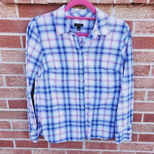 Talbots Button Up Shirt Women's Size Small Flannel Plaid Metallic Thread
